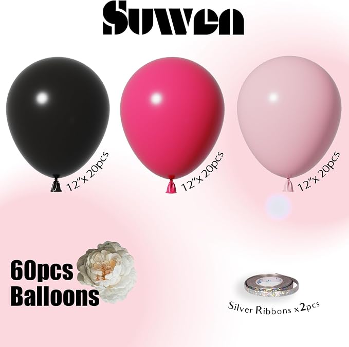 SUWEN Hot Pink and Black Balloons, 60Pcs 12inch Hot Light Pink and Black Latex Balloons Kit for Women Birthday Anniversary Party Decoration