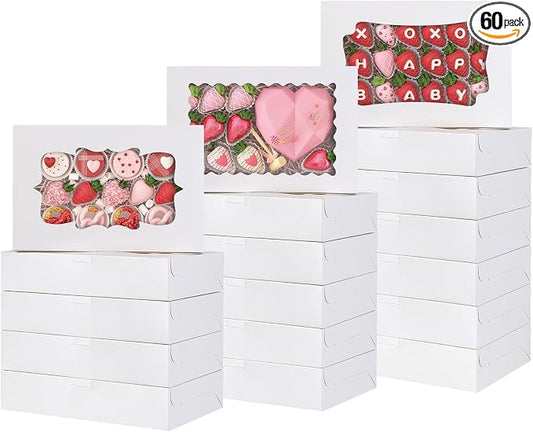 TOMNK 60pcs Cookie Boxes, 12x8x2.5 Inches 3 Style Bakery Boxes, Treat Containers with Window for Candies, Chocolate Strawberries, Cakes, Muffins, Donuts