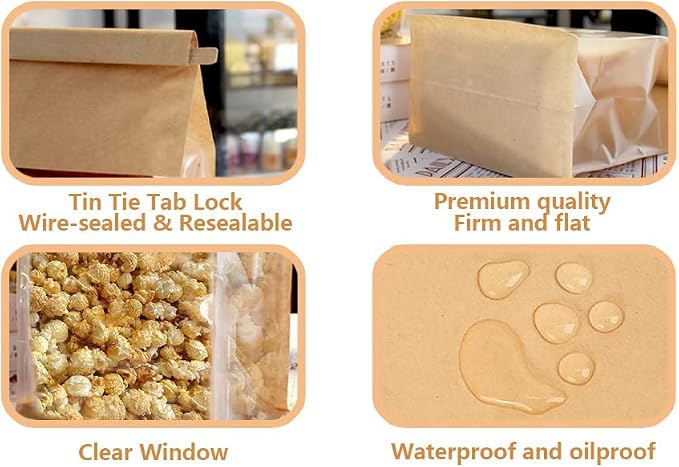 100PCS Bread Bags for Homemade Breads, 11x5.1x3.9 Inch Resealable Cookie Bags with Tin Tie Tab Lock, Paper Bakery Bag with Window for Packaging Bagels, Muffin, Scone, Brownie, Baked Goods Storage