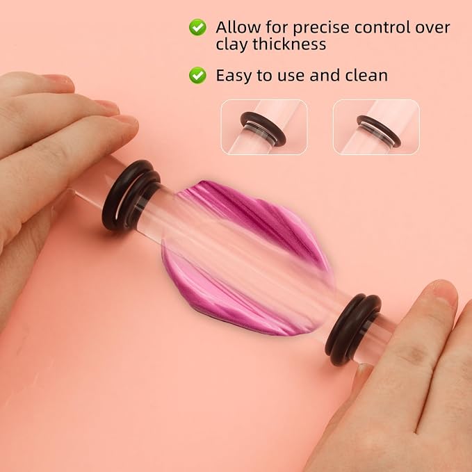 2PCS Polymer Clay Roller Set with 8 Thickness Rings, Adjustable Acrylic Clay Rolling Pin & 2 Scrapers, Professional Clay Art Craft DIY Tool Kit for Shaping, Sculpting and Modeling, Clear