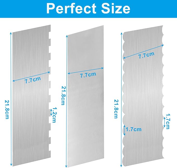 8.7 Inch Stainless Steel Cake Scraper, Double Sided Patterned Edge Stripe Edge Smoother Scraper Cake Decorating for Mousse Butter Cream, 3 Pieces