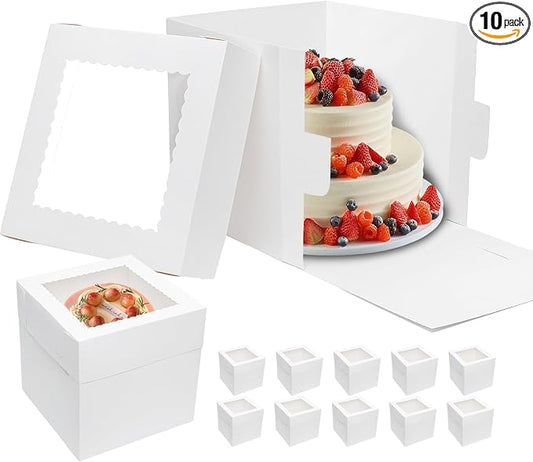 Mcfleet 10pcs Cake Boxes 12 Inch 12x12x12 Tall Cake Boxes with Window for Tier Baking Disposable Bakery Containers with Lids White Large Cardboard Bakery Take Out Carrier for Wedding, Birthday, Party