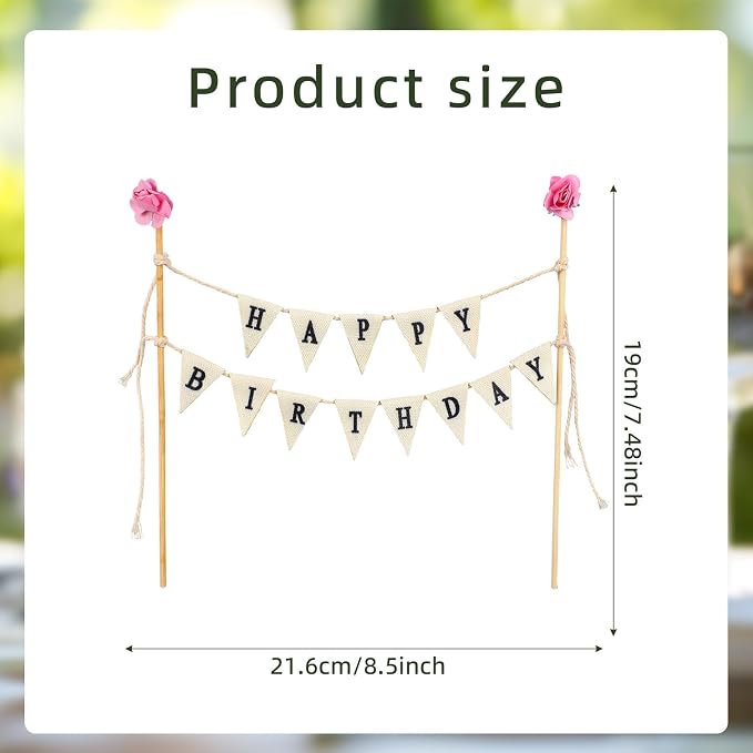 Happy Birthday Cake Bunting Topper Garland, Handmade Birthday Cake Pennant Banner Flags with Wooden Pole & Pink Flower Party Decoration Supplies