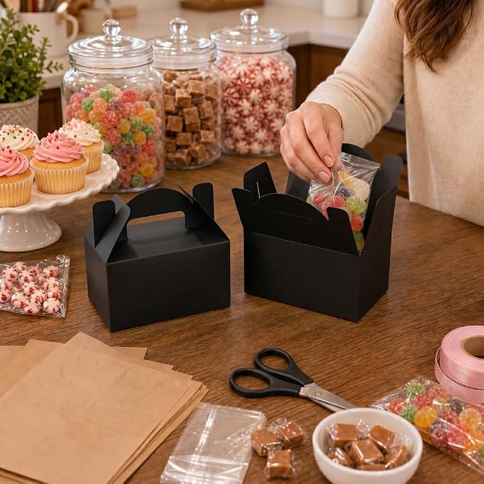 Aosric Small Black Gable Boxes 3.5 x 3.5 x 6.3 In, 30 Pack | Premium Cardstock Party Favor Boxes with Handles for Bakery, Cookies, Candy, Cupcake, Treats, Desserts & Retail Packaging