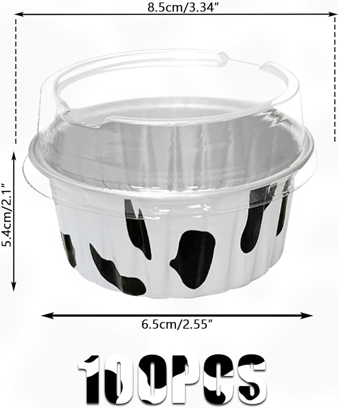 100Pcs Aluminum Cups with Lids,5oz Disposable Ramekin Baking Cups Muffin Liners Mini Pie Pans Foil Cupcake Containers for Christmas Party Wedding Party,Cow Print