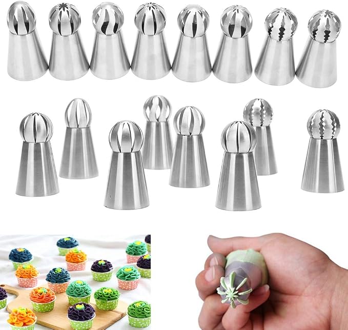 Russian Piping Tips 8 Pcs/Set, Messar Stainless Steel Russian Piping Ball Tips Frosting Icing Piping Nozzles Set Flower Cake Decorating Tips Kit for DIY Baking Cake Decorating Supplies (8 Pcs)