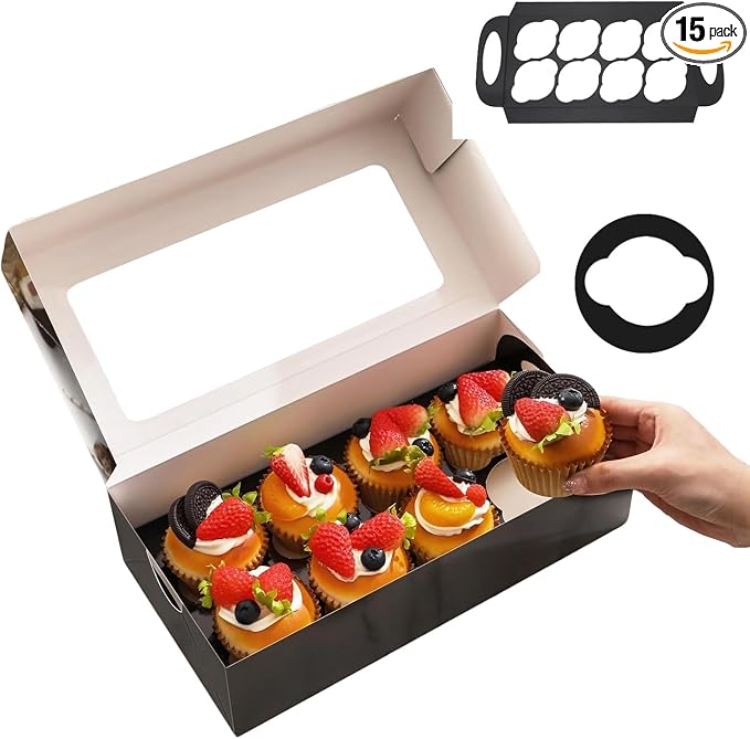 15 Black Cupcake Boxes 8 Count with Window and Inserts, Cupcake Containers, Mother's Day Cupcake Boxes for Cupcakes, Muffins, Cookies