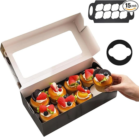 15 Black Cupcake Boxes 8 Count with Window and Inserts, Cupcake Containers, Mother's Day Cupcake Boxes for Cupcakes, Muffins, Cookies