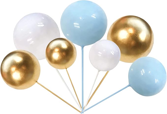 24 PCS Colorful Ball Cake Topper Mini Balloon Cupcake Toppers DIY Foam Ball Cake Insert Decoration for Wedding Anniversary Baby Shower Birthday Party Decorations Supplies Blue Gold White