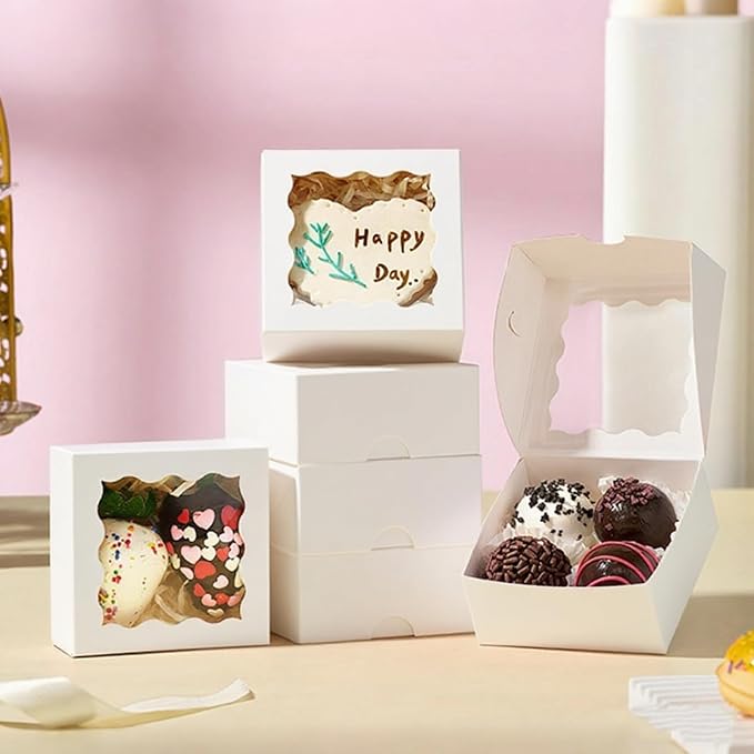 3.2x3.2x1.5 Inches 50PCS Mini Bakery Boxes with Window for Cookies, Soap, Chocolate Truffle, Donut, Macaron(White)