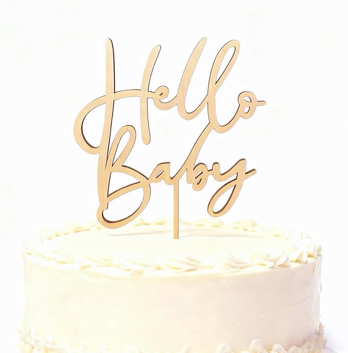 Hello Baby Wooden Cake Topper - Baby Shower Cake Decorations, Gender Reveal Party Supplies, Baby Birthday Decor & Photo Booth Props for Baby Shower Favors