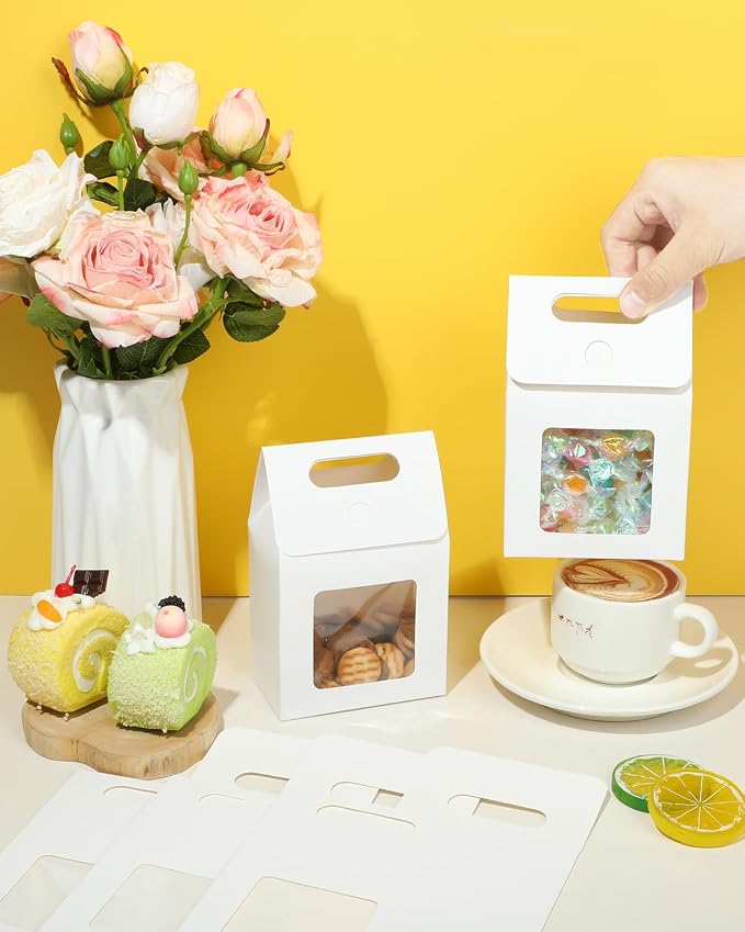 Liobelon 24 Pieces Mini Kraft Paper Gift Bags with Clear Window, 5.9 x 3.9 x 2.3inch Goodie Treat Box for Bakery Cookies, Wedding Favors, Small Business (white)
