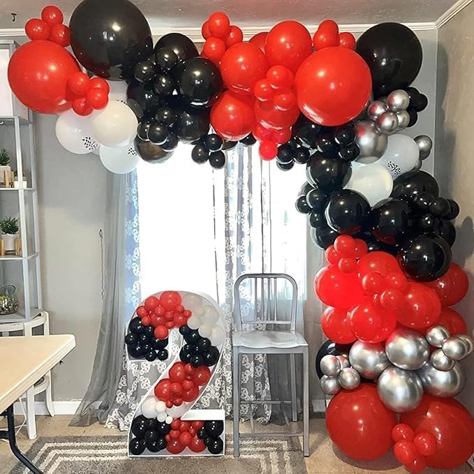 153Pcs Red and Black Balloons Garland Arch Kit with Stars -22 18 12 10 5 inch Different Size Black and Red Confetti Latex Balloons for Birthday Graduation Anniversary Prom Party Decorations
