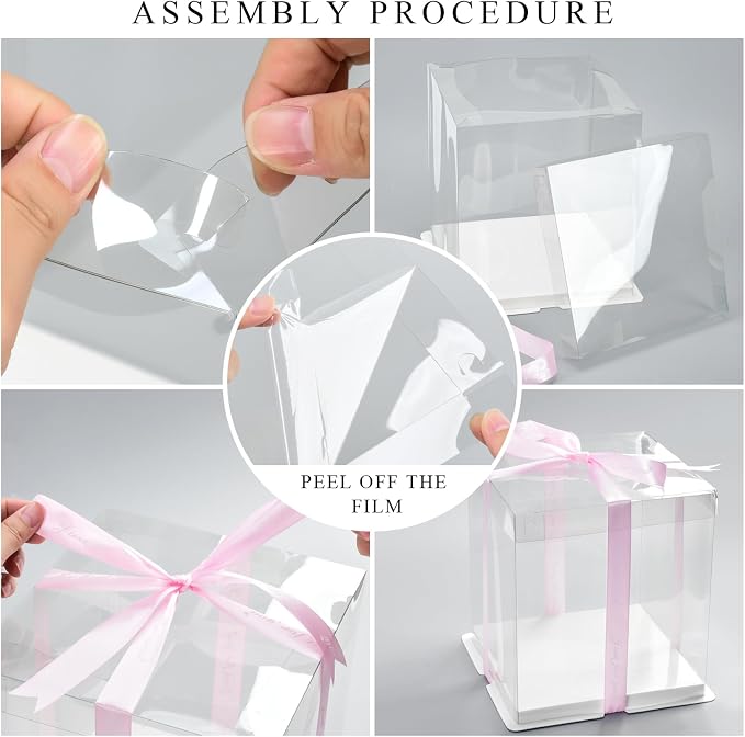8x8x10Inch Tall Cake Boxes, 5 Pack Bakery Boxes for Tier Cakes, Disposable Cake Bakery Box with ribbon, Clear Cake Box for Pastry Wedding Birthday