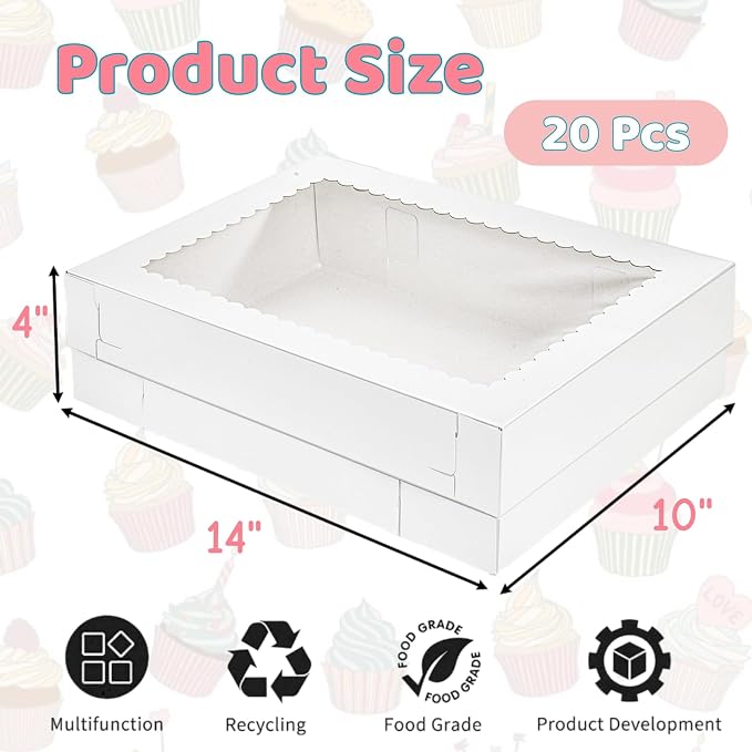 20 Pieces 14x10x4 Inch Cake Boxes, White Rectangle Quarter Sheet Bakery Boxes with Window, Large Paperboard Container for Donuts Cookies Baking Cake Pastry Pie Packaging