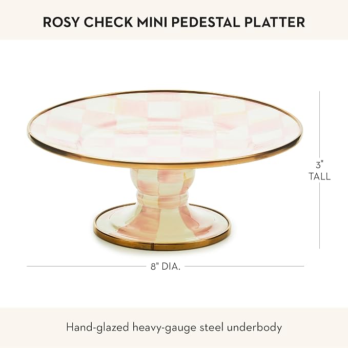 MACKENZIE-CHILDS Enamel Pedestal Platter, Round Cake Stand, Mini, Pink-and-White Rosy Check