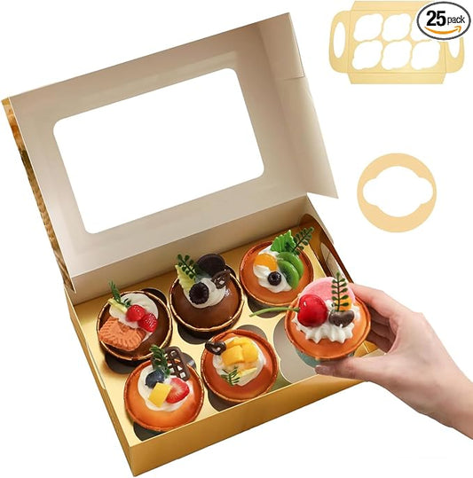 25 PCS Cupcake Boxes, Gold Cupcake Boxes 6 Count with Window and Inserts, Cupcake Holders for Cupcakes, Muffins, Cookies, Pastries