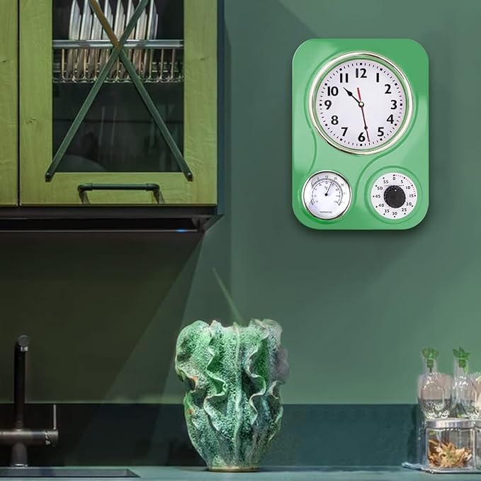 Lily's Home -9 Inch x 12.5 Inch - Retro Kitchen Wall Clock, Vintage Wall Clock with a Thermometer and 60-Minute Timer, Ideal for Any Kitchen, Office, or Diner (Retro Green)