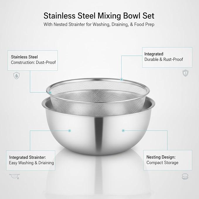 Home Cooks Stainless Steel Mixing Bowl Set with Nested Strainer for Efficient Washing and Food Prep