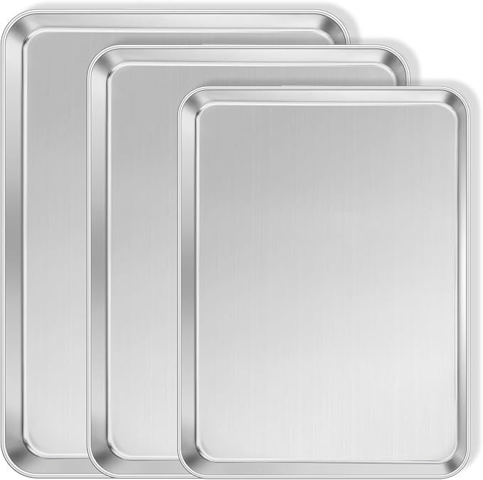 Leonyo Stainless Steel Baking Sheets Set of 3, Metal Cookies Sheets Pans for Baking, Set with 17x13IN Half, 16x12IN Jelly Roll, 9x13IN Quarter Sheet Pan Toaster Oven Tray for Oven,Dishwasher Safe