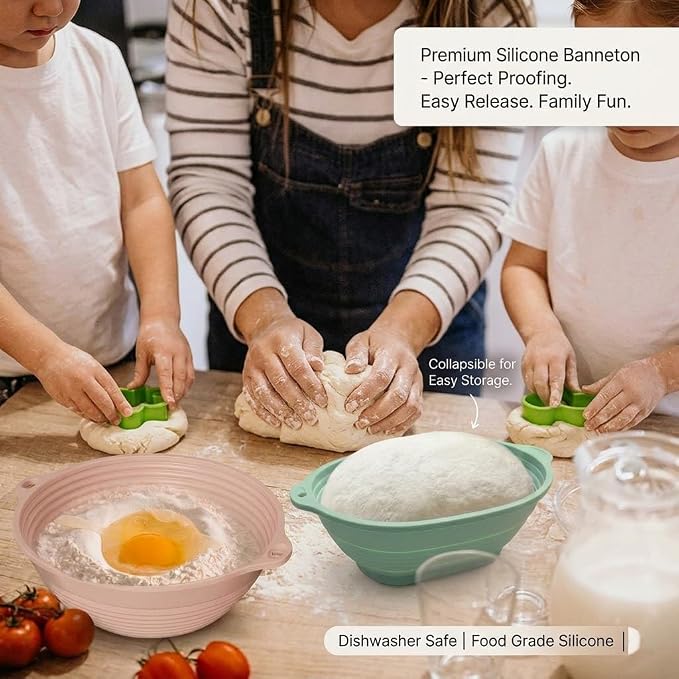 2-Pack Silicone Bread Proofing Basket,10" & 9" Collapsible Banneton for Sourdough, Non-Stick Dishwasher Safe Alternative to Rattan, Professional Baking Supplies (Round Pink+Oval Green)