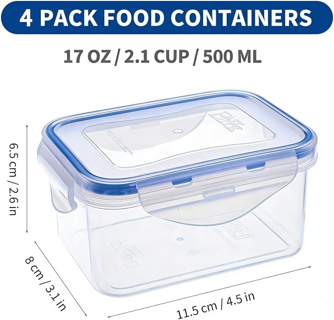 KIGI Small Food Storage Containers, Rectangle, 4-Sided Locking Airtight Lids, BPA-Free Plastic, Leak-Proof for Lunch, Meal Prep, Snack & Portion Control, 17 oz / 2.1 Cup, 8 Piece Set