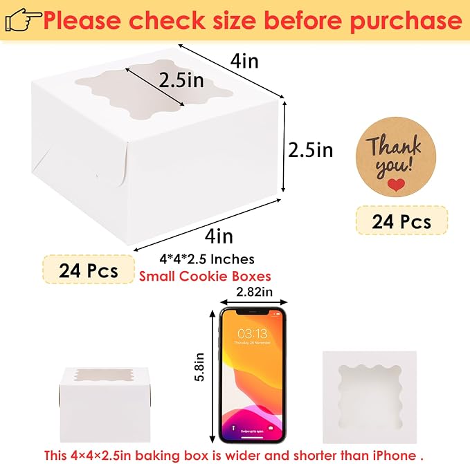 Moretoes 24pcs White Cookie Boxes, 4x4x2.5 Inches Small Bakery Boxes with Stickers for Small Cookies, Treats, Desserts, Chocolate Covered Strawberries, Mini Cake