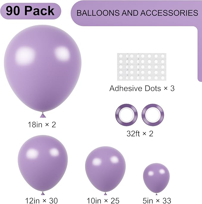 Voircoloria 90pack Lilac Balloons Different Size 18/12/10/5 Inch Lilac Balloon Garland Arch Kit for Graduation, Wedding, Birthday, Princess Theme Party, Baby Shower, Anniversary Party Decorations