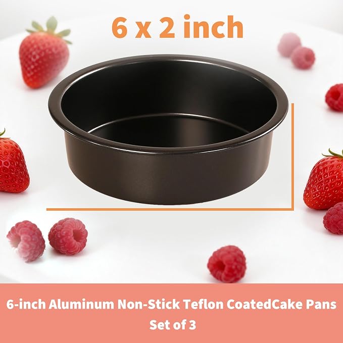 6 Inch Round Cake Pans Set of 3, Heavy-Duty Carbon Steel Baking Pans for Layered Birthday Cakes, Non-Stick Professional Circle Smash Cake Tins, Straight Wall & Dishwasher Safe