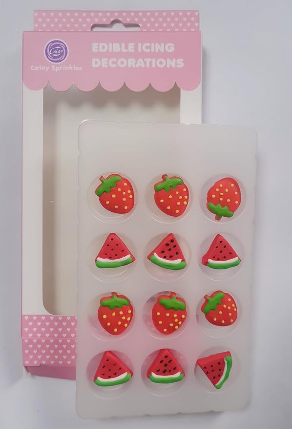 HeDeon&Rles 6 Pcs Edible Strawberry & 6 Pcs Edible Watermelon Candy for Baking Strawberry Candy Sprinkle Cake Decoration Cupcake Cokkie Icing Topper Party Supplies