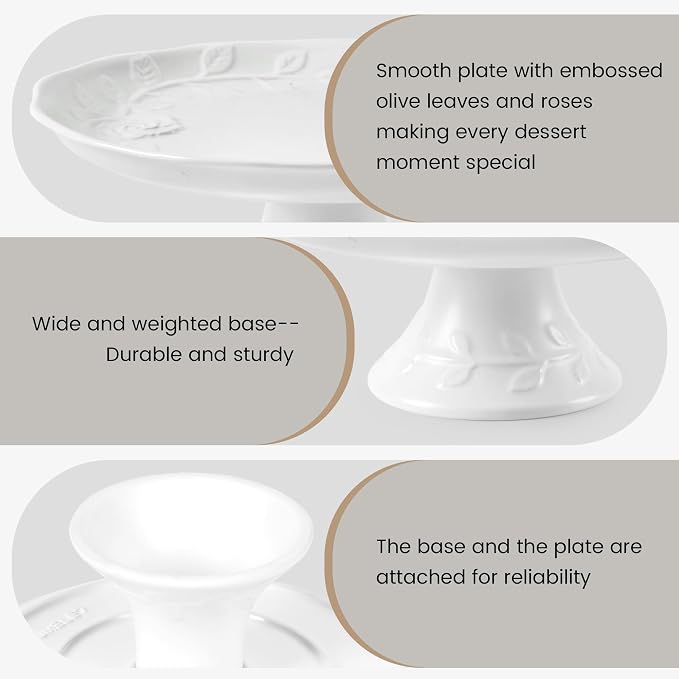 Wedding Cake Stand , 10 inch White Cake Stand Round Porcelain Embossed cake plate, Elegant Cupcake Stand for Dessert Table Display For Party,Baby Shower,Christmas, Home Decorating
