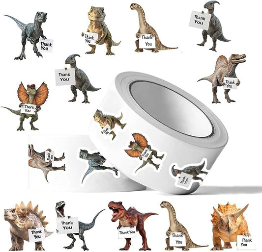 Dinosaur Thank You Stickers Roll, 500PCS Realistic Dino Themed Thank You Labels Self-Adhesive Stickers for Kids Birthday Party Baby Shower Small Business Envelopes Gift Bags