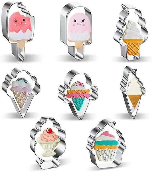 Ice Cream Cookie Cutters 8-Pc. Set, Ice Cream Cutters Stainless Steel Fondant Cutters, Popsicle, Hard and Soft Serve Ice Cream Cone (Cartoon Cookie Cutters Set)