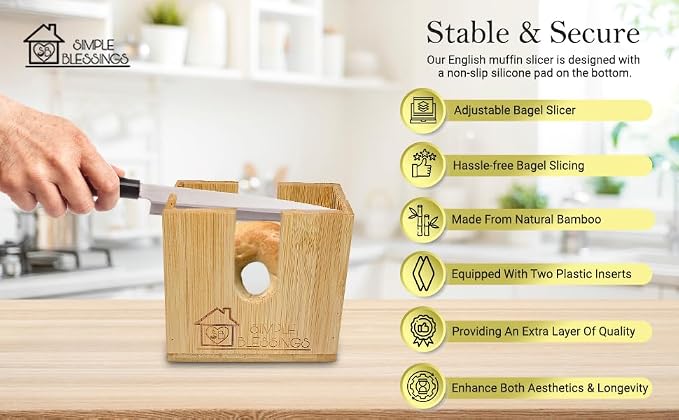 Bamboo Bagel Slicer w/Two Plastic Inserts & Non-Slip Silicone Pad - Adjustable Cutter Holder for Small & Large Bagels - Moisture Resistant & Thick Base