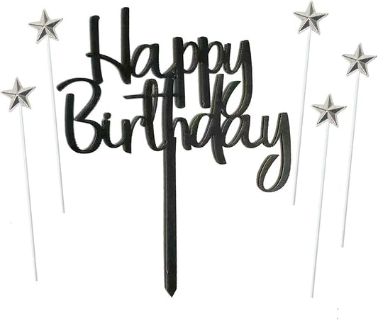 ZHENGYE Set of 1 Black Acrylic Happy birthday Cake Topper And 5 pcs silvery Star Cupcake Topper Cake Decoration Supplies for Baby Shower Birthday Decorations(Black 36)