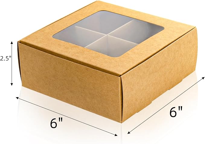 Eorbow 40 Pack Brown Bakery Boxes with Window and Dividers, 6 x 6 Inch Mini Pastry Boxes with 4 Compartments, Kraft Treats Gift Boxes with Inserts, Cupcake Packaging Containers for Pastries Biscuits