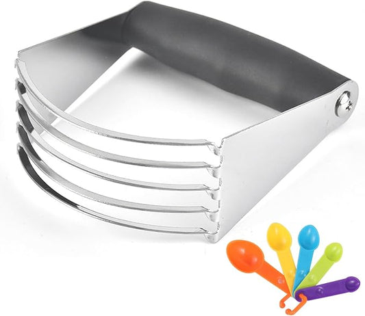 Dough Blender Stainless Steel Pastry Cutter Pastry Cutter & Measuring Spoons Set, Ergonomic Soft Grip Butter Mixer for Pie Crust Pizza Dough Biscuits Scones, Dishwasher Safe Baking Tool
