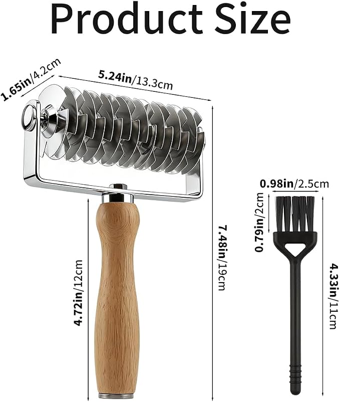 Pastry Lattice Roller Cutter with 1 Small Brush, Stainless Steel Lattice Pastry Cutter with Wooden Handle for Beef Wellington Pie Bread Cookie Pizza(COLOR:Silver)