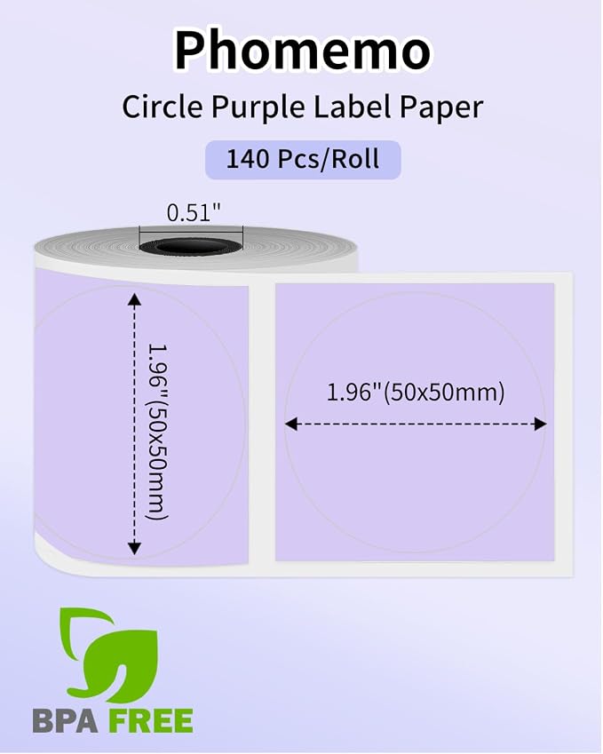 Phomemo Circle Labels for M110/M110S/M120/M200/M220 Label Maker, 1.96" x 1.96"（50x50 mm） Round Thermal Label for Barcode Labels, DIY Logo Design, Purple
