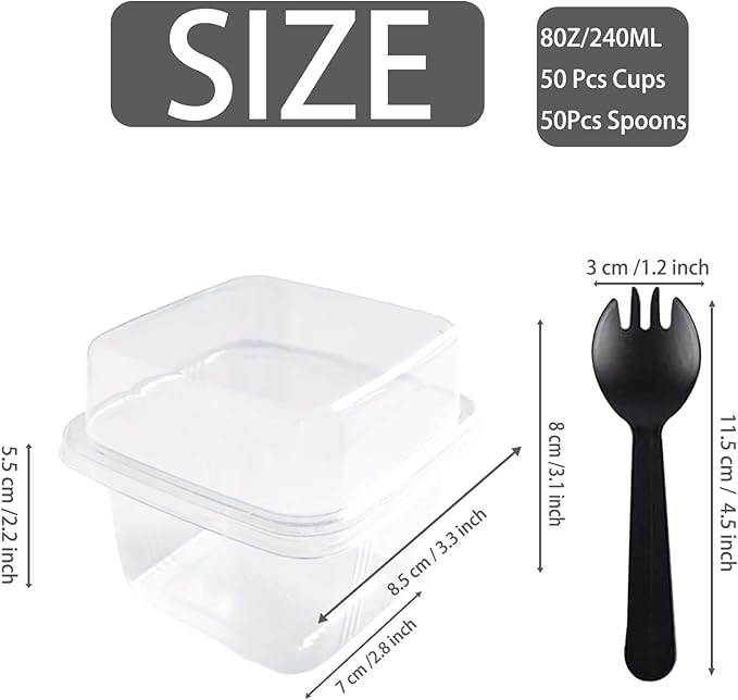 100 Pack 8OZ Plastic 50Pcs Square Dessert Cups with Lids and 50Pcs Spoons,Square Ice Cream Container with Forks, Disposable Parfait Cups for Mousse Cupcake Pudding Snacks Yogurt Parfait Fruits（50Sets）