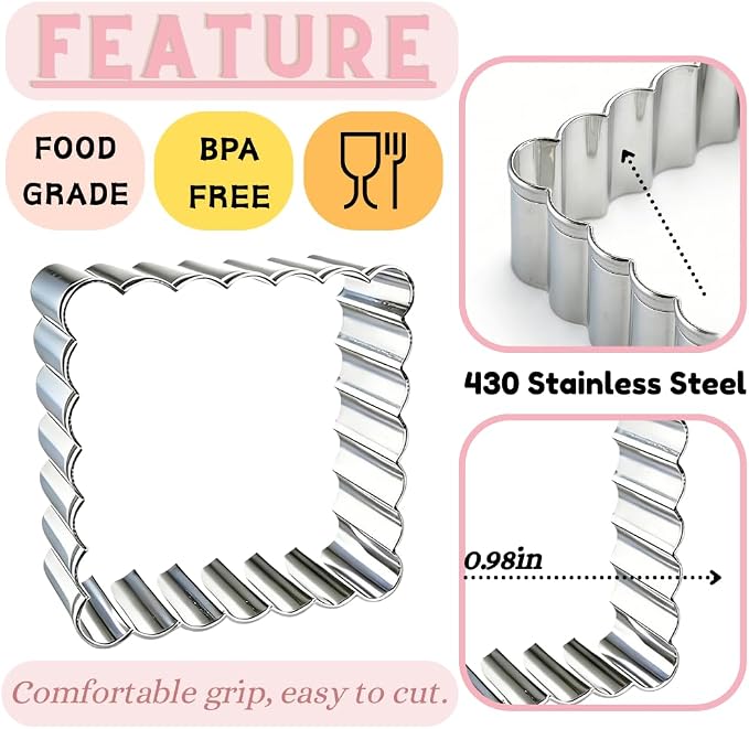 Square Cookie Cutter Set, 3 Pcs Wavy Edge Stainless Steel | Three square sizes with scalloped edges for cookies, biscuits, donuts, fondant, pastries and kitchen baking