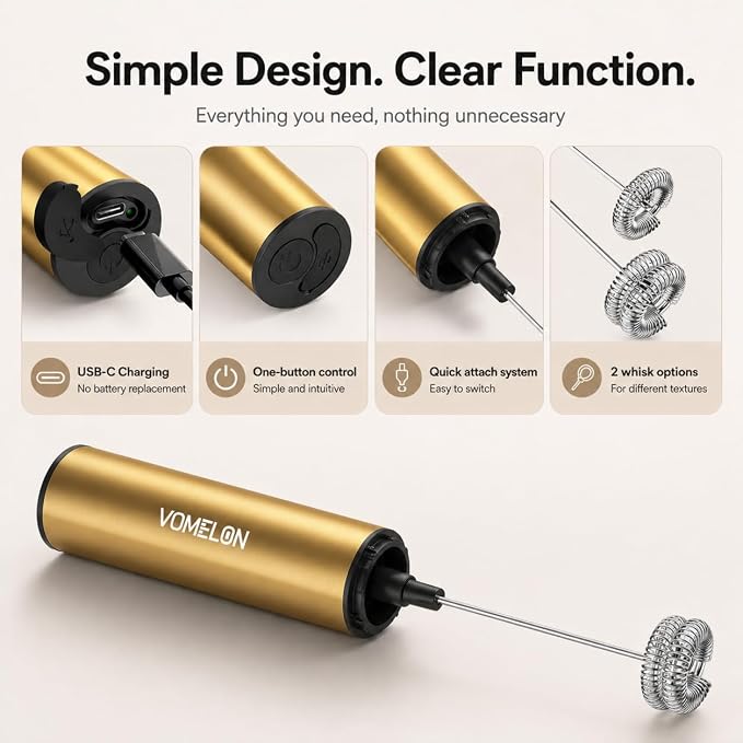 Rechargeable Electric Milk Frother Handheld,2-Speed Travel Frother with Tube Case, Milk Foamer Coffee Frother for Latte, Cappuccino, Drink Mixer with 2 Stainless Whisks and Charger Golden