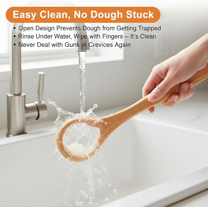 13-Inch Wooden Danish Dough Whisk with 2Pcs Scraper Set, Long Handle for Easy Mixing and Cleaning, Bread Whisking Tool for Baking Sourdough Bread, Pizza, Pastry and Cake Batters
