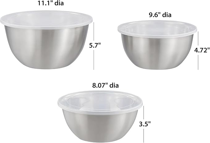 6-Piece Stainless Steel Mixing Bowl Set (3 Bowls + 3 Lids) – 2, 4, 6 Qt Nested Kitchen Bowls for Baking, Meal Prep & Food Storage, Dishwasher Safe
