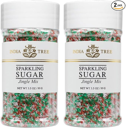 India Tree Jingle Mix Sparkling Sugar, 3.5 oz | Classic Red, Green & White Blend for Holiday Baking (Pack of 2)