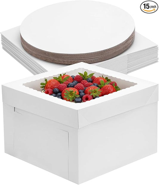 Moretoes 30 Pack Cake Boxes 12 Inch with Cake Boards (15 Boxes & 15 Boards), 12x12x8 Inch Carrier with Window for Cajas Pasteles, White Bakery Containers Disposable Boxes for Birthday, Party