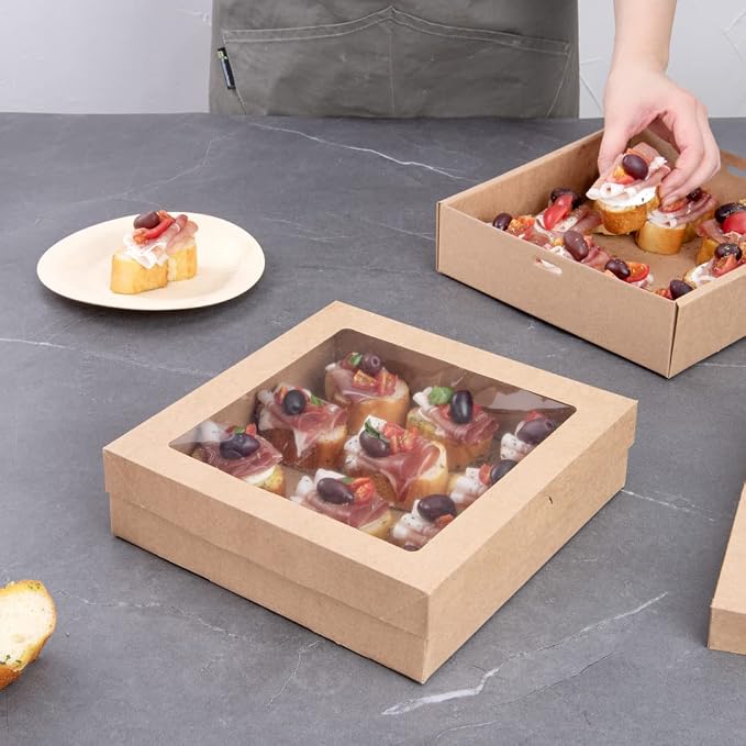 Restaurantware Cater Tek 9 x 9 x 2.4 Inch Catering Boxes 100 Insert Tab Lock Baked Goods Boxes - Window Lids Easy Assembly Kraft Paper Window Pastry Boxes For Charcuterie Or Cupcakes