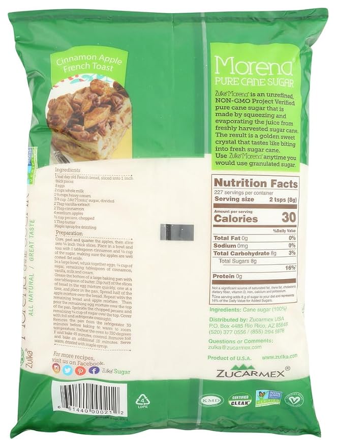 Zulka Morena Pure Cane Sugar, Unfined & Non-gmo All Natural Sugar (Bag size and quantity may vary for a total of 8lbs), Set of 2