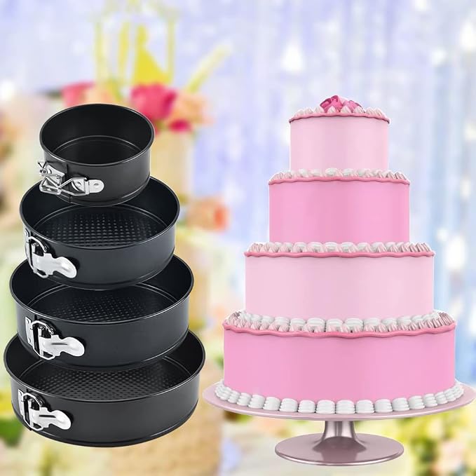 Tellshun 4 Pack Springform Pan Tins Set 4, 7, 9,10 Inch Baking Mold Round Leakproof Nonstick Removable Bottom Bakeware for Cake Cheesecakes Pie Pizza and Quiches