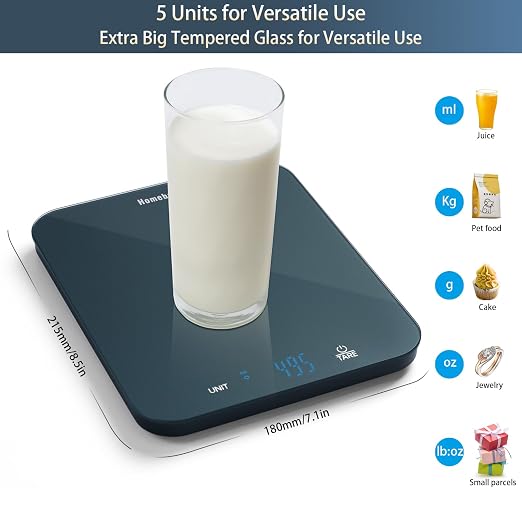Homebuds Food Scale, 33lb/15kg Digital Kitchen Scale, Weight Grams and Ounces in 1g/0.1oz Precision for Baking and Cooking, LED Display, 3*AAA Batteries Included, Tempered Glass, Blue